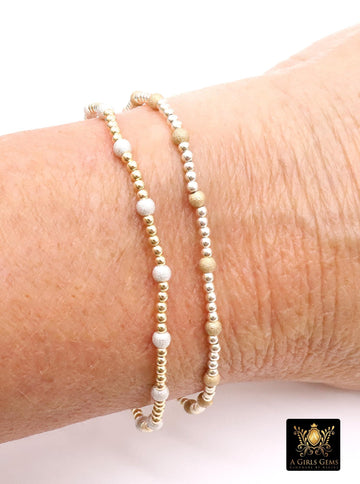 14K Gold Filled Stardust Beaded Bracelet, 925 Sterling Silver Mixed Metal Glittery Stretchy Women's Bangle, Stacking Bracelets, Hand Made